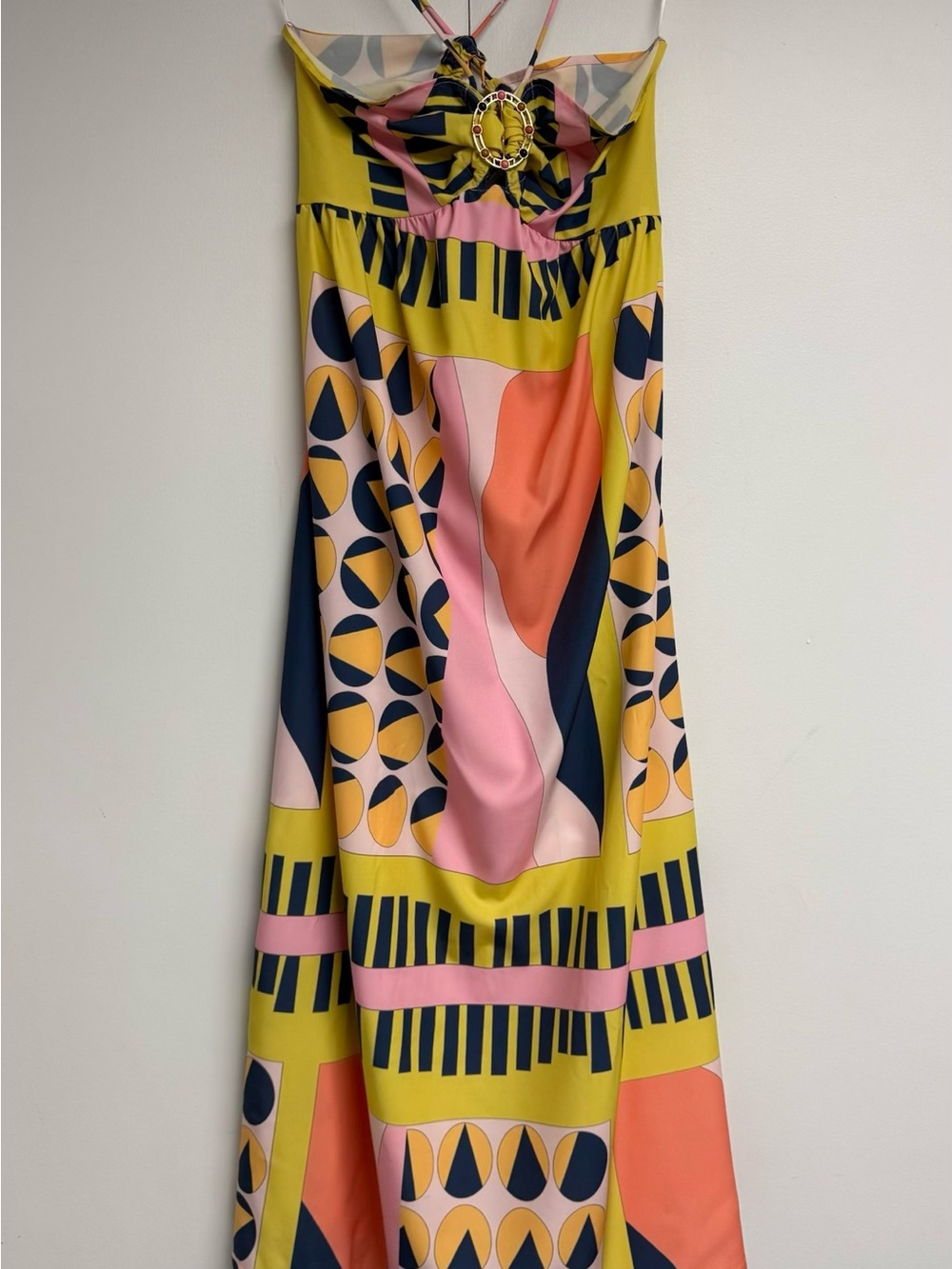 COMMENSE Multicolor Geometric Open Back Jeweled Maxi Dress M